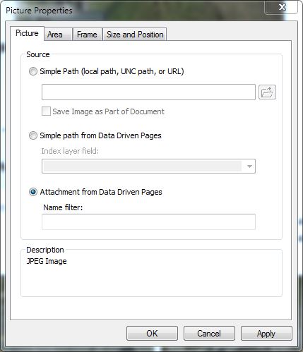 Picture Properties window of ArcMap Project with Data Driven Pages enabled